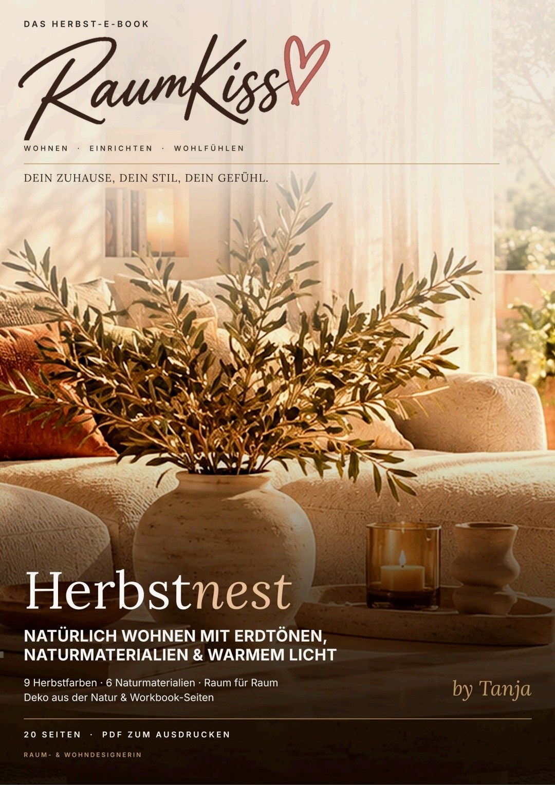 Cover des E-Books Herbstnest von RaumKiss: Sofa mit Vase, Olivenzweigen und Kerzenlicht in warmen Herbsttönen